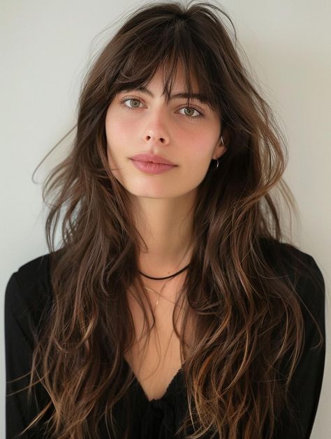 Trending Long Haircuts with Bangs for 2024: Style Ideas and Tips Haircut Long With Bangs, Fringe Haircut Long Hair, Haircuts Bangs Long, Piecy Bangs With Long Hair, Long Wolf Haircut With Bangs, French Girl Haircut Long, French Bangs Long Hair Brunette, Bangs French, Fringe With Long Layers