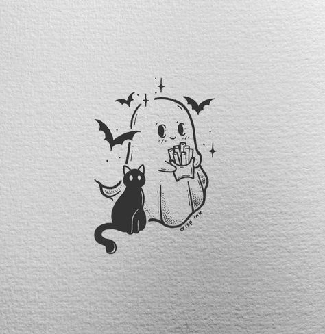 Doodle Doodle, Cat Ghost, Ghost Tattoo, Bff Tattoos, Spooky Tattoos, Halloween Tattoo, Book Tattoo, Desenho Tattoo, Halloween Tattoos