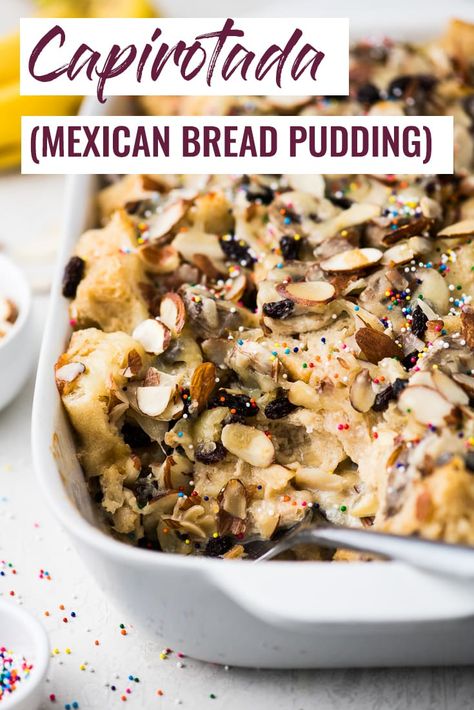 Capirotada, or Mexican Bread Pudding, is made with layers of crusty bread, raisins, bananas, almonds and cheese all soaked in sweetened cinnamon milk! #mexicanfoodrecipes #breadpudding Mexican Bread Pudding, Easy Mexican Recipes, Mexican Brunch, Isabel Eats, Banana Bread Pudding, Cheese All, Mexican Bread, Mexican Dinner Recipes, Mexican Dessert Recipes