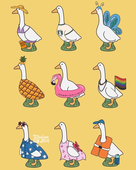 Silly summer geese 🌞👙🛶⛱️ ok this is my last goose update until fall. But they’re so fun to make! Silly goose | summertime | beach reads | camp Walden | illustration | illustrator | digital art | artist | gaggle Silly Duck Drawing, Fun Illustration Art, Silly Goose Drawing, Geese Drawing, Goose Doodle, Goose Goose Duck, Camp Walden, Goose Illustration, Goose Drawing