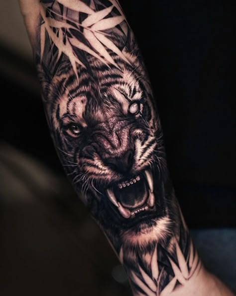 Animals Tattoo For Men, Black Panther Tattoo Men, Realistic Tiger Tattoo Design, Jaguar Warrior Tattoo, Realism Tiger Tattoo, Tiger Chest Tattoo, Black Mamba Tattoo, Inside Arm Tattoo Men, Mountain Sleeve Tattoo