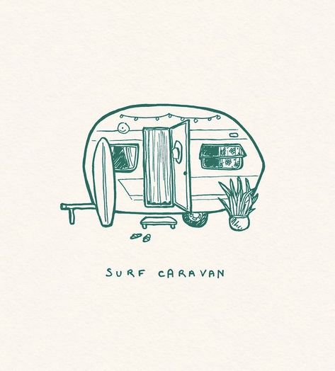 Caravan Drawing, Beach Drawing, Poke Tattoo, Print Ideas, Nature Tattoos, Caravan, Cactus, Doodles, Paint