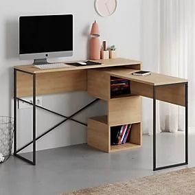 Decortie Modern Badau L-Shaped Computer Desk Oak Black Metal Legs 3 Adjustable Storage Shelf Extra Table 110cm(W) Work PC Office Nesting Side Table, Smart Desk, Open Storage Shelves, Apartment Needs, Office Storage Furniture, Functional Desk, Storing Books, Study Area, Black Desk