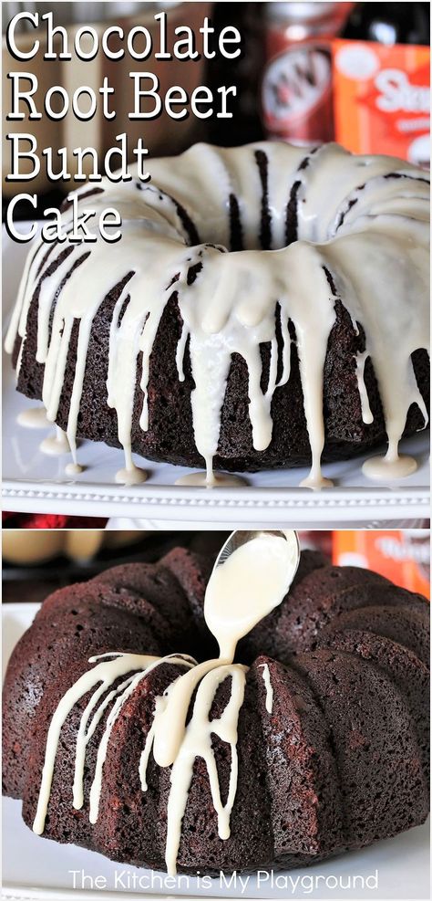 Whole Chocolate Root Beer Bundt Cake drizzled with root beer glaze Root Beer Chocolate Cake, Cooking With Root Beer, Root Beer Bundt Cake, Root Beer Frosting, Chocolate Root Beer Cake, Root Beer Bundt Cake Recipe, Beer Cake Recipe, Soda Pop Cake, Root Beer Cupcakes