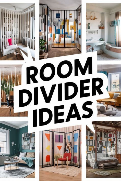 Room Divider Ideas displayed with various styles in modern living spaces. Portable Partition Wall, Portable Room Divider Ideas, Hanging Wall Divider Ideas, Screen Dividers For Rooms, Diy Dividers For Rooms, Split Living Room Ideas, How To Separate Rooms Without Walls, How To Divide A Room Ideas, How To Separate Rooms