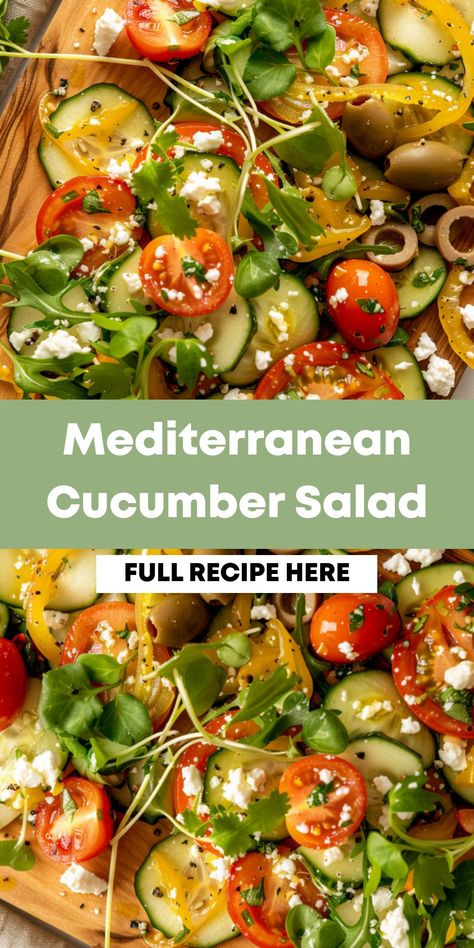 This Mediterranean Cucumber Salad is a fresh, vibrant dish bursting with crisp cucumbers, juicy cherry tomatoes, briny olives, and creamy feta cheese.