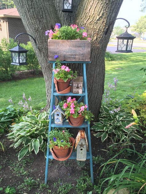 Ladders In The Garden, Garden Ladder Ideas, Ladder Garden, Garden Ladder, Gardening Design Diy, Fall Landscaping, Garden Tool Shed, Upcycle Garden, Garden Decor Projects