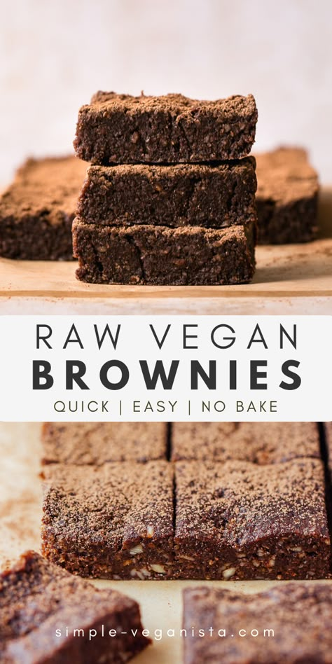 Raw Date Brownies, Raw Brownies Vegan, Vegan Date Recipes Healthy, Raw Vegan Baking, Raw Sweets Recipes, No Bake Vegan Brownies, Raw Vegan Sweets, Raw Vegan Treats, Raw Vegan Desserts Easy