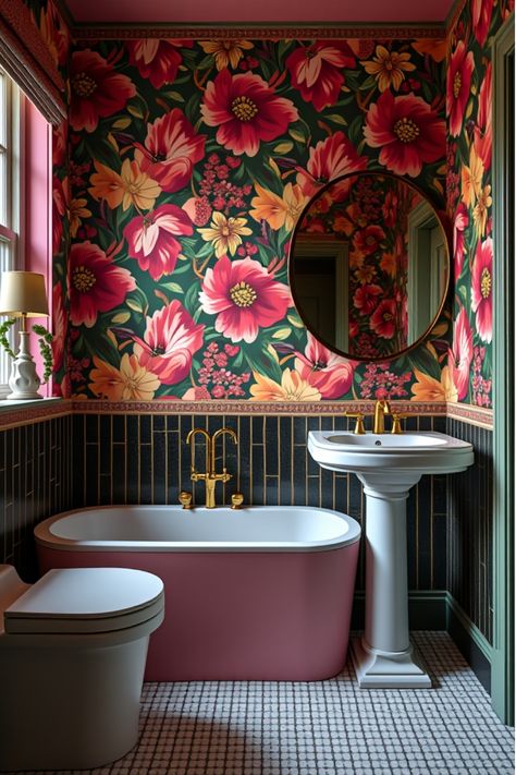 Garden-inspired bathroom with large-scale floral wallpaper Wallpaper Bathroom Ceiling Ideas, Small Bathroom Mural, Tempaper Wallpaper, Floral Bathroom Ideas, Split Wallpaper, Wallpaper Bathroom Ceiling, Half Bathroom Wallpaper, Wallpaper Toilet, Maximalist Bathroom