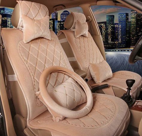 Tan Interior Car Aesthetic, Brown Car Decorations, Cream Car Interior Decor, Cute Car Interior Ideas Seat Covers, Car Cushion Ideas, Brown Interior Car Decor, Aesthetic Seat Covers For The Car, Cream Interior Car, Beige Car Decor