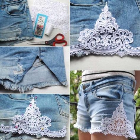 DIY Lace Trim Jean Shorts Refashion Ideas Tutorials Diy Lace Shorts, Diy Denim Shorts, Diy Clothes Projects, Diy Lace Trim, Ropa Upcycling, Lace Denim Shorts, Lace Jeans, Shorts With Lace, Diy Clothes Refashion