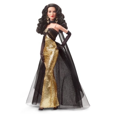 Collector Signature Doll, Mar a F lix Wearing Elegant, Glimmering Gold and Black Gown with Ornate Jewelry, Barbie Tribute Collection Gold And Black Gown, Ornate Jewelry, Barbie Signature, Barbie Collector Dolls, Mexican Actress, Gold Gown, Voluminous Curls, Ken Doll, Black Tulle