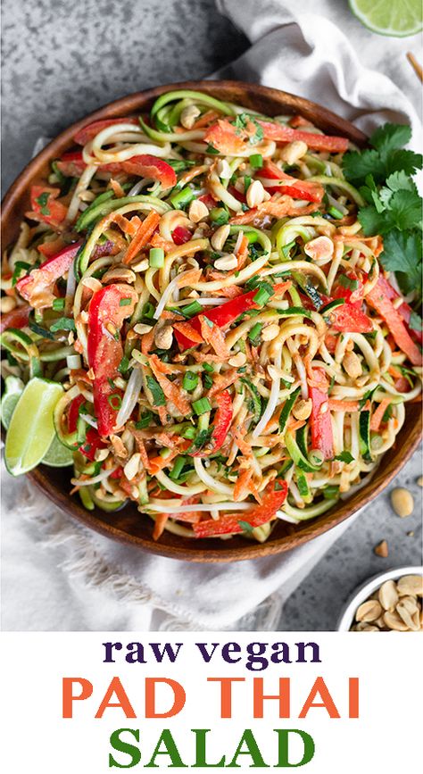 Raw pad thai made from zucchini noodles, carrots, bell peppers, and a creamy peanut butter vegan pad Thai sauce makes a healthy, easy, and veggie packed side dish, salad, or appetizer. Vegan, gluten free, paleo, and Whole30 approved. - Eat the Gains #padthai #veganrecipes #plantbased #veganpadthai #zucchininoodles Vegan Pad Thai Sauce, Raw Pad Thai, Vegan Pad Thai, Thai Sauce, Pad Thai Sauce, Thai Salads, Easy Zucchini, Raw Food Diet, Raw Vegan Recipes