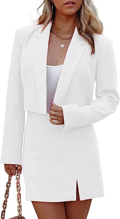 White skirt and blazer set for women,nice skin-touch,slight stretch,soft and comfortable,ironing before wear is recommended. Woman Blazer:Truncated lapel long sleeve blazer.Decorative stitching on the side of the waist.Solid elegant blazer with 2 buttons deco Blazer And Skirt Outfits, High Wasted Skirt, New Suit Design, Nice Skin, Mini Skirt Suit, Woman Blazer, Flowy Mini Skirt, Professional Skirt, Classy Short Dresses