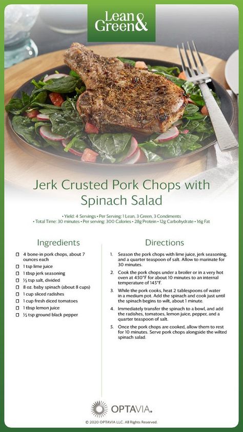 Pork Chops With Spinach, Optavia Recipes Lean And Green, Wilted Spinach Salad, Lean Dinners, Crusted Pork Chops, Medifast Recipes, Lean Protein Meals, Optavia Recipes, Lean And Green