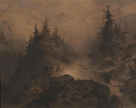 Artwork by Alexandre Calame, Mountain stream, Made of Charcoal heightened with white on brown paper Charcoal Art On Brown Paper, Charcoal On Brown Paper, Art On Brown Paper, Drawing On Brown Paper, View Mountain, Mountain Drawing, White Landscape, Mountain Stream, Black And White Landscape