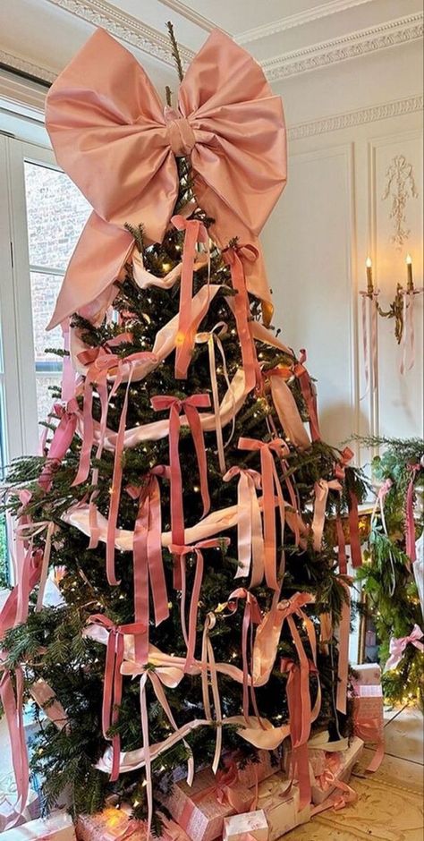 Pink Bow Christmas Tree, Coquette Christmas Tree, Rococo Christmas, Xmas Aesthetic, Ribbon Decor, Bow Tree, Christmas Tree Inspo, A Pink Christmas, Christmas Dreaming