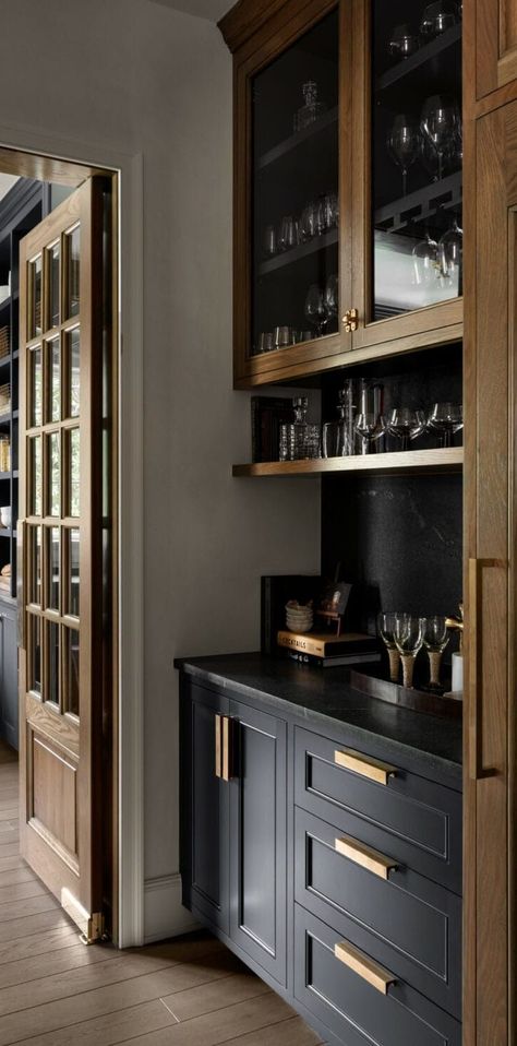 Foyer Bar Ideas, Walk Through Bar Areas, Studio Mcgee Dark Kitchen, Wet Bar Black Countertop, Tonal Kitchen Design, Black And Gold Wet Bar, Butlers Pantry With Wet Bar, Rustic Mini Bar Ideas, Studio Mcgee Wet Bar