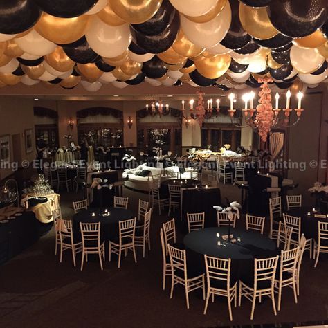 Balloon Drop | Herrington Inn Masquerade Prom, Deco Ballon, Balloon Drop, Prom Themes, Gatsby Theme, Prom Decor, Great Gatsby Party, Black White And Gold, Diy Event