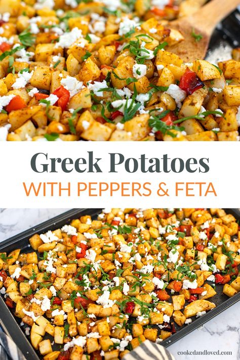 These flavourful Greek roasted potatoes are a little spiced and a little lemony, with the sweetness of red peppers and the saltiness of feta. Serve these sheet-pan Greek potatoes as a side dish, breakfast potatoes or a main, they are gluten-free and vegetarian-friendly. A delicious Greek roasted potato recipe! via @irena_macri Greek Meatless Meals, Mediterranean Baked Potato, Peppers And Feta, Bell Pepper Potato Recipes, Bell Pepper And Potato Recipes, Mediterranean Potatoes Recipes, Roasted Potato Meals, Potato And Feta Recipes, Roasted Peppers And Potatoes