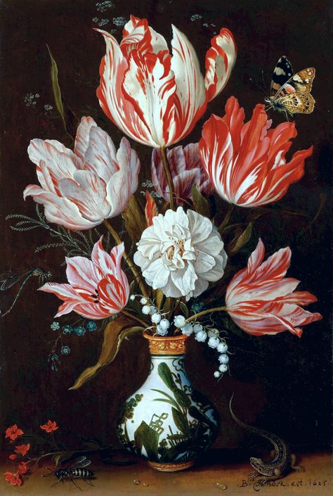 A still life of tulips and other flowers in a ceramic vase  | Balthasar van der Ast  (1625) Dutch Still Life, Dutch Tulip, Tulip Painting, Oil Painting Flowers, Painting Still Life, Still Life Painting, Botanical Illustration, Art Fair, Botanical Art