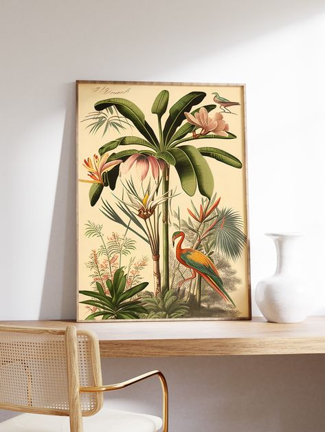 DESCRIPTION & DETAILS A stylish botanical poster featuring dense tropical leaves in a jungle scene, featuring a tropical bird. Here at The World Gallery all posters consist of high-density 270 gsm paper, uniquely designed artwork, printed with high-grade inks using a professional, best in class, ink jet printer. All this combines to deliver crisp, exhibition-quality artwork, destined to make an impression. POSTAGE  -All items are packaged using strong poster tubes and packaging materials in orde Vintage Botanical Gallery Wall, Vintage Jungle Aesthetic, Safari Chic Decor, Tropical Coastal Decor, British Colonial Style Kitchen, Vintage Tropical Aesthetic, Tropical Office Decor, Jungle Art Tropical, Botanical Art Prints Wall Decor