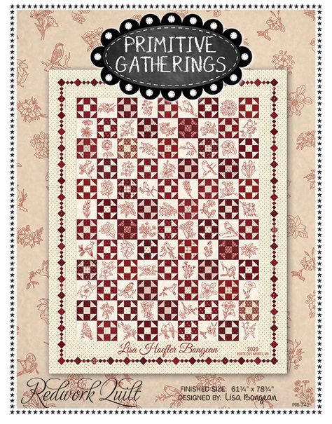 Redwork Quilt PRI-742G - 752106563308 Redwork Quilt, Red And White Quilts, Embroidery Tools, Primitive Gatherings, Panel Quilts, Slow Stitching, White Quilt, Gold Fabric, Quilt Kit