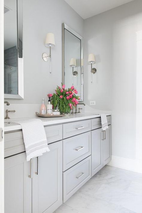 Light Gray Bath Vanity Cabinets with Silver Beveled Mirrors - Transitional - Bathroom Light Grey Bathrooms, Grey Bathroom Cabinets, Grey Bathrooms Designs, Gray And White Bathroom, Light Gray Cabinets, New House Bathroom, Polished Nickel Hardware, Vanity Cabinets, Silver Bathroom