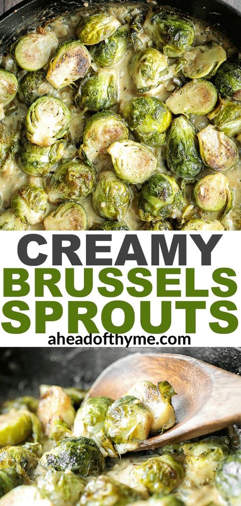 Creamy Brussels Sprouts Bake Creamy Brussel Sprouts, Creamy Brussels Sprouts, Baked Brussel Sprouts, Thyme Recipes, Thanksgiving Dinner Menu, Roasted Vegetable Recipes, Sprout Recipes, Brussels Sprouts Recipe, Types Of Cheese