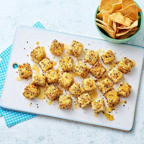 Air-Fried Feta Bites with Honey | Savory Fried Feta, Feta Bites, Cheesy Bites, Perfect Cheese Board, Bagel Chips, Bagel Bites, Everything Bagel Seasoning, Honey Yogurt, Bagel Seasoning