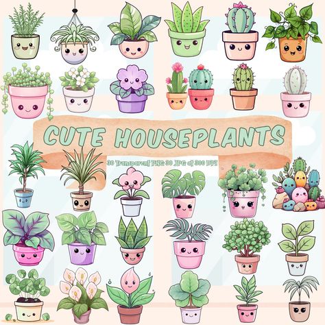 House Plant Drawing, Cute Plants Drawing Cartoon, Cute Plants, Kawaii Plants, Plant Kawaii, Potted Plants Doodle, Houseplant Doodles, Cute Houseplant Drawings, Kawaii Clipart