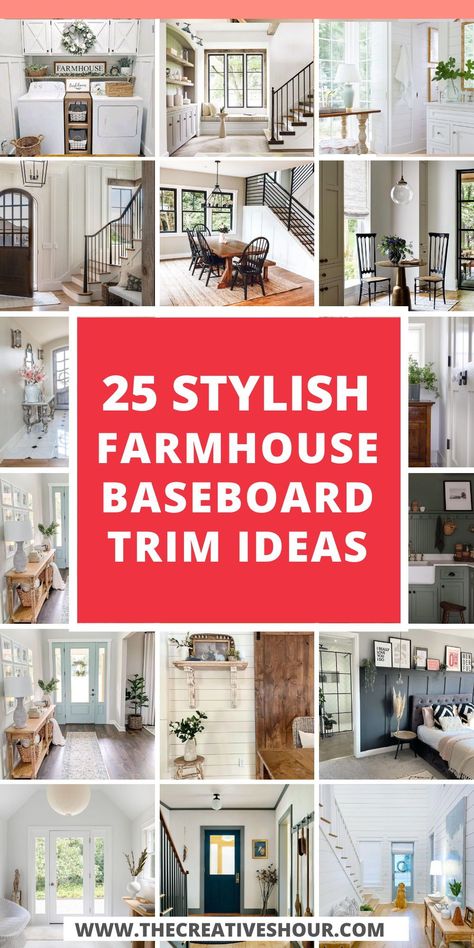 Elevate your home's style with modern farmhouse baseboard trim ideas! Discover creative floor molding designs, incorporating wood, square profiles, and the timeless appeal of dark or white finishes. Perfect for both interior and exterior spaces. #FarmhouseBaseboardTrim #ModernDesign #WoodTrimIdeas Modern Farmhouse Molding And Trim, Farmhouse Style Baseboards, Dark Window Trim White Baseboards, Stained Baseboards And Trim Farmhouse, Baseboard And Window Trim Ideas, Inside Trim Ideas, Window Trim Styles Farmhouse, Farmhouse Style Trim And Baseboards, Bead Board Trim Moldings