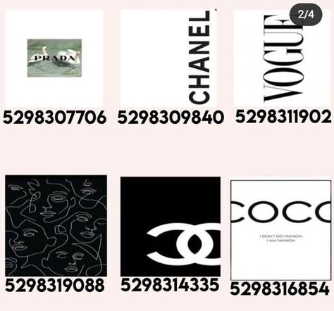 Bloxburg Picture Codes Chanel, Berry Avenue Painting Codes Modern, Coco Chanel Decals Bloxburg, Bloxburg Designer Codes, Bloxburg Bedroom Picture Codes, Fashion Decals Bloxburg, Berry Avenue Decal Codes Modern, Bathroom Roblox Decals, Bloxburg Painting Codes Living Room