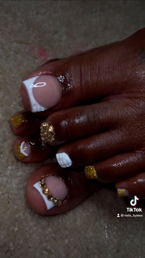 #toenails French Nails And Toes Matching, Gold Acrylic Toes, Gold French Tip Toes, Black And Gold Pedicure, French Tip Toes, Gold French Tip, Gold Acrylic Nails, Toenail Designs, Acrylic Toes