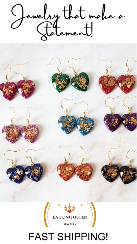 You will enjoy these beautiful small Glitter Heart Dangle Earrings with gold leaf and gold over 925 silver hooks. They come in various colors. These gorgeous, lightweight earrings are approximately dime-sized. These heart earrings are perfect for little girls, best friends, daily wear, birthdays, holiday parties, and much more! Epoxy Resin Earrings Diy, Valentines Resin Earrings, Diy Resin Accessories, Trendy Red Resin Earrings, Cheap Glitter Resin Earrings, Heart-shaped Resin Earrings For Party, Heart-shaped Glitter Earrings For Gifts, Diy Resin Earrings, Small Dangle Earrings