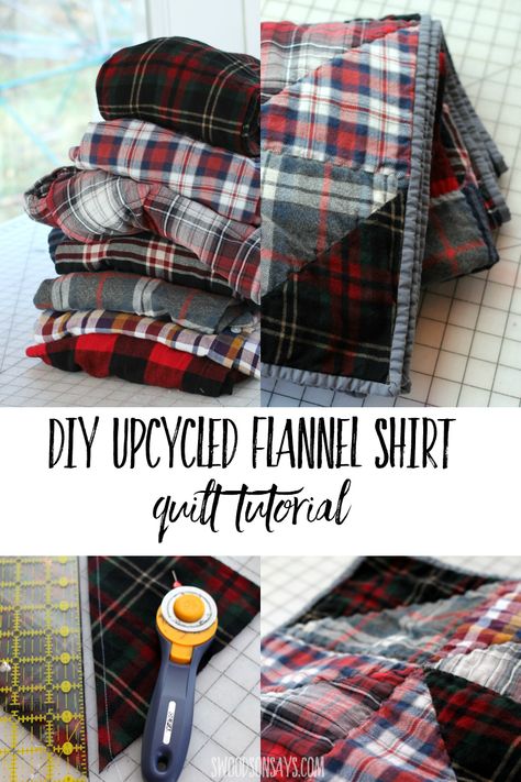 How to turn upcycled flannel shirts into a cozy quilt - follow this easy quilt tutorial from start to finish and see how easy a HST flannel shirt can be! What To Do With Old Flannel Shirts, Recycle Flannel Shirt, Memory Quilts From Clothes Men Dads Flannel Shirts, Quilts Made From Flannel Shirts, Jean And Flannel Quilt, Flannel Quilt Patterns Simple, Recycled Flannel Shirts, Flannel Patchwork Quilt, Flannel Shirt Quilt Ideas