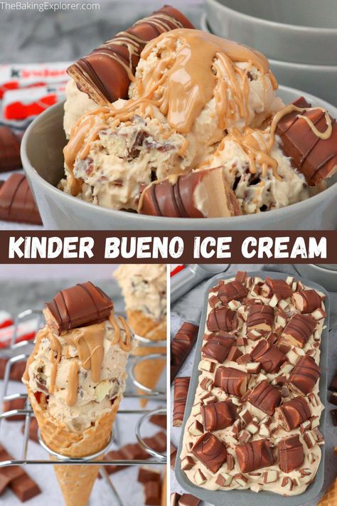 Recipe for Kinder Bueno Ice Cream - a delicious creamy no churn ice cream with Kinder chocolate and Kinder Buenos. No ice cream maker needed! #kinderbueno #icecream #thebakingexplorer #nochurnicecream #kinderchocolate Kinder Ice Cream, Kinder Recipes, Bueno Ice Cream, Kinder Bueno Recipes, Bueno Recipes, Ice Cream No Churn, Churn Ice Cream, Ice Cream Maker Recipes, Ice Cream Mixture