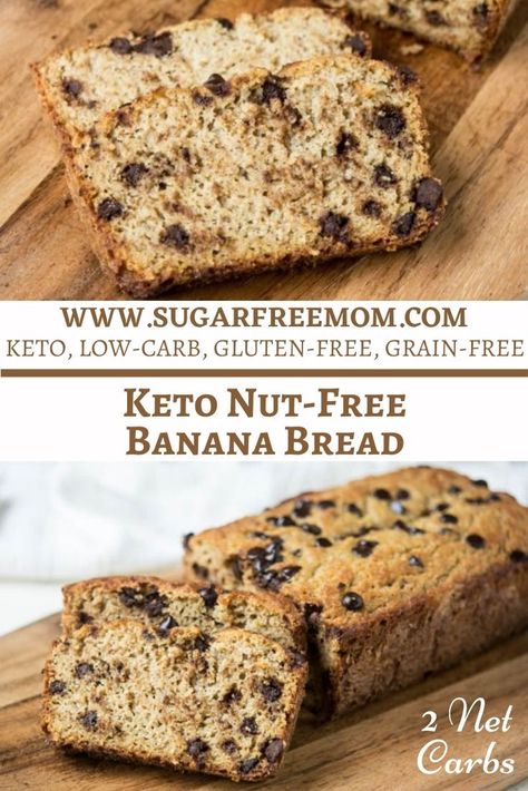 Sugar Free Low Carb Banana Bread (Nut Free, Keto, Gluten Free) Nut Free Keto, Low Carb Banana Bread, Banana Bread Gf, Low Carb Banana, Tea Breads, Keto Banana, Sugar Free Banana Bread, Gf Snacks, Bread Banana