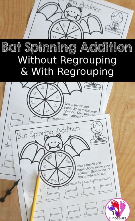 Free Bat Spinning Addition- Easy No-Prep Printable - 3 levels of addition with single digit, double digit and triple digit for kids to work on addition with and without regrouping - 3Dinosaurs.com - 3Dinosaurs.com #freeprintable #additionprintable #halloweenmath #3dinosaurs #mathprintable 3 Digit Addition Games Free, Addition Regrouping Activities, 3dinosaurs.com Free Printables, Double Digit Math Games, 3 Digit Subtraction Games, 3 Digit Addition Activities, Addition Without Regrouping Activities, Double Digit Addition Games, 3 Digit Addition Without Regrouping