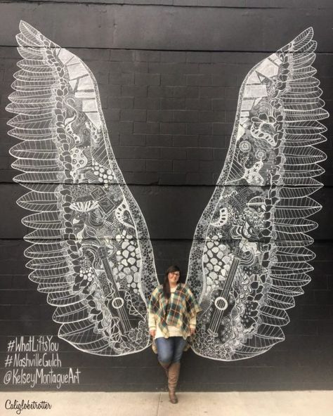 Easy Wall Murals to Find in Nashville | California Globetrotter Nashville Gulch, Wings Mural, I Believe In Nashville, Nashville Murals, Nashville Downtown, Visit Nashville, Nashville Bachelorette Party, Nashville Trip, Nashville Bachelorette