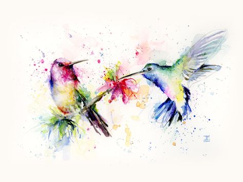 HUMMINGBIRDS Watercolor Art Print, from Original Painting, Limited Edition Colorful Art, Birds Decor, Giclee, Boba Painting, Illustration Hippie Kunst, Illustration Kunst, Watercolor Hummingbird, Hummingbird Painting, Cat Air, Bird Art Print, 수채화 그림, Art Et Illustration, Art And Illustration