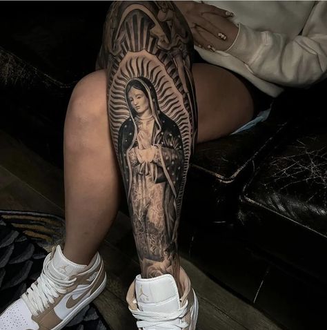 Name Tattoos On Women, Virgin Mary Tattoo For Women Sleeve, Virgin Mary Calf Tattoo, Virgencita Back Tattoo, Lopez Tattoo Last Name, Sleeve Tattoos Virgin Mary, Virgin Mary Arm Tattoo, 108 Tattoo, A Small Tattoo