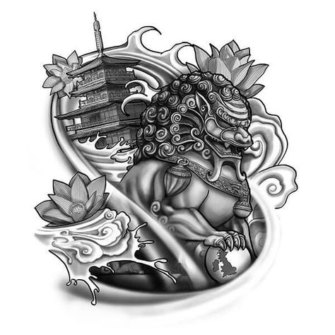 Mascara Samurai, Japanese Tattoo Meanings, Japanese Foo Dog, Foo Dog Tattoo Design, Japanese Tattoos For Men, Temple Tattoo, Foo Dog Tattoo, Samurai Tattoo Design, Fish Drawing