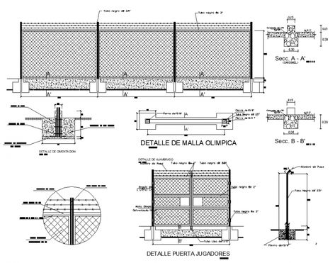 Olympic detail mesh detail drawing in dwg AutoCAD file. Front elevation of the Olympic mesh with dimensions. Top view plan, main gate detail drawing, side section of the main gate, footing detail with detail text and dimensions. Reception Counter Design, Extensive Green Roof, Column Structure, Church Building Design, Detail Drawing, Civil Engineering Design, Elevation Drawing, Mesh Fencing, Main Gate