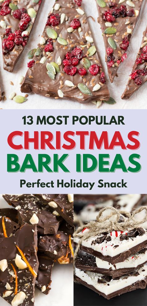 A festive assortment of Christmas bark featuring rich chocolate topped with dried cranberries, pumpkin seeds, and nuts. The image also highlights variations like dark chocolate with orange zest and peppermint bark layers. Perfect holiday snack ideas showcasing the 13 most popular Christmas bark recipes for gifting, parties, and festive indulgence. Chocolate Bark With Nuts And Fruit, Christmas Bark Gluten Free, Pretzel Crisp Christmas Bark, Almond Bark Recipes Easy, Cranberry Almond Bark, Christmas Bark Chocolate, Christmas Tree Bark Recipe, Holiday Chocolate Bark Recipes, Brownie Bark Recipe