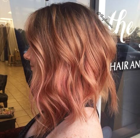 rose gold hair color by Brittany G  #rosegoldhair #rosegold #shorthair #shorthaircuts #lobhaircut #pinkhair Rose Gold Shadow Root, Copper Pink Hair Rose Gold, Ginger Rose Gold Hair, Peach Short Hair, Rose Gold Short Hair, Rose Gold Hair Balayage, Apricot Hair, Rose Gold Hair Brunette, Rose Gold Hair Color