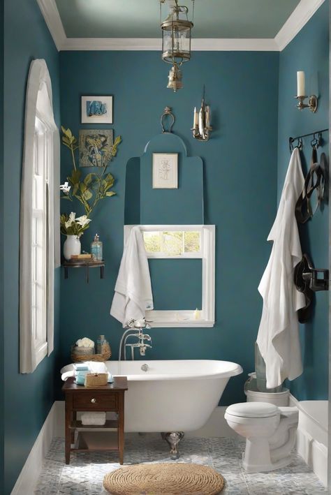 bathroom decor, bathroom design, bathroom renovation, bathroom tile ideas Sherwin Williams Deep Sea Dive, Bathroom With Blue Walls, Painted Bathroom Walls, Deep Blue Bathroom, Dark Teal Bathroom, Bathroom Paint, Small Dark Bathroom, Teal Bathroom Ideas, Blue Bathroom Walls