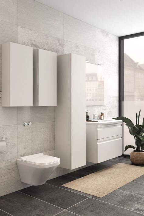 White matt lacquer bathroom furniture with integrated handler, Arc basin, tall unit and wall cabinets Tall Unit, Wall Cabinets, Wall Cabinet, Bathroom Furniture, Home Decor Kitchen, Decor Kitchen, Kitchens Bathrooms, Bathroom Vanity, Bathrooms