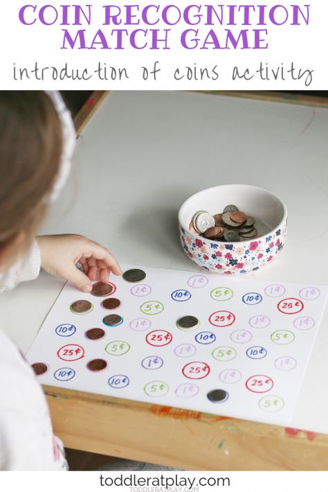 Coin Recognition Match Game - Toddler at Play | Kids Crafts & Activities - Activities Number Activities Preschool, Night Nursery, Learning Money, Game For Toddlers, Money Activities, Coin Games, Match Game, How To Start Homeschooling, Kids Money