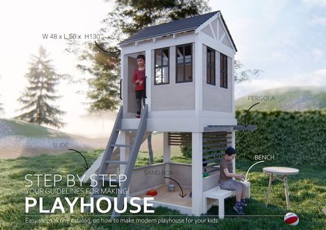 PLAYHOUSE PLANS / 48 X 56'' Two Story Playhouse | Etsy Castle Playhouse Plans, Two Story Playhouse, Outdoor Kids Playhouse, Wooden Outdoor Playhouse, Kids Playhouse Plans, Playhouse For Kids, Modern Playhouse, Kids Playhouse Outdoors, Castle Plans